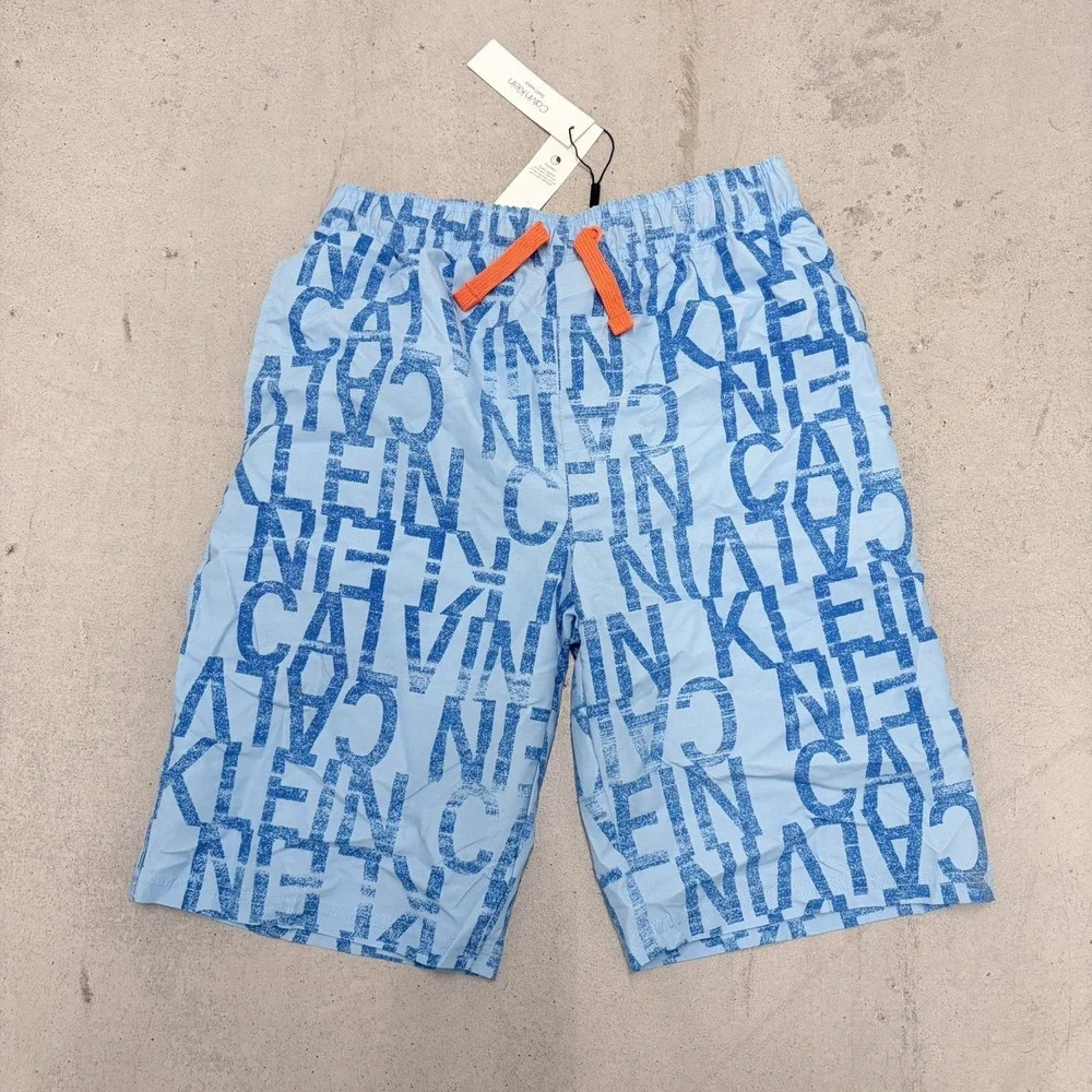 Calvin Klein Big Boys Logo Swim Trunks Neon Blue Size Large  14-16